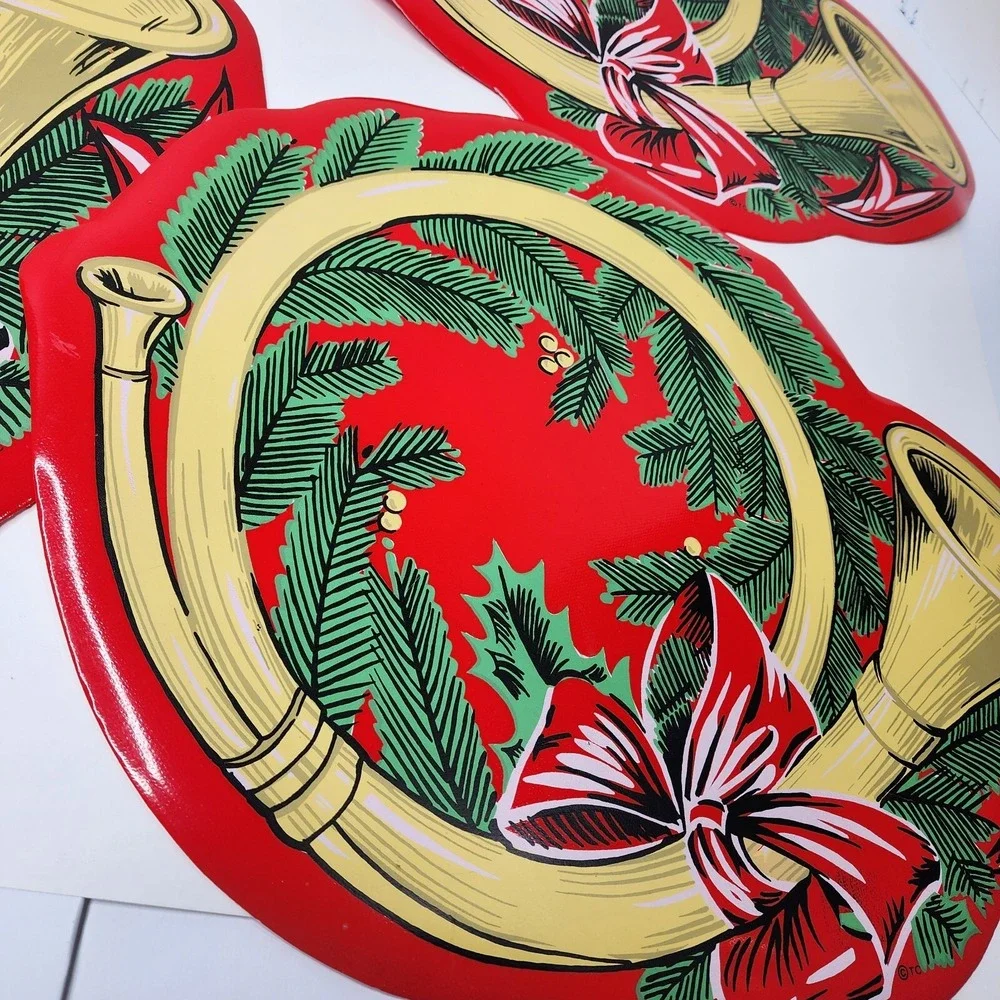 Town & Country Vinyl 1980s Christmas Table Placemats 14 X 18 Red French Horn EC